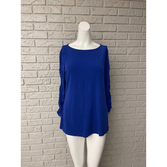 Susan Graver Women Royal Liquid Knit Ruched Drawstring Long Sleeve Top Size S - Picture 1 of 6